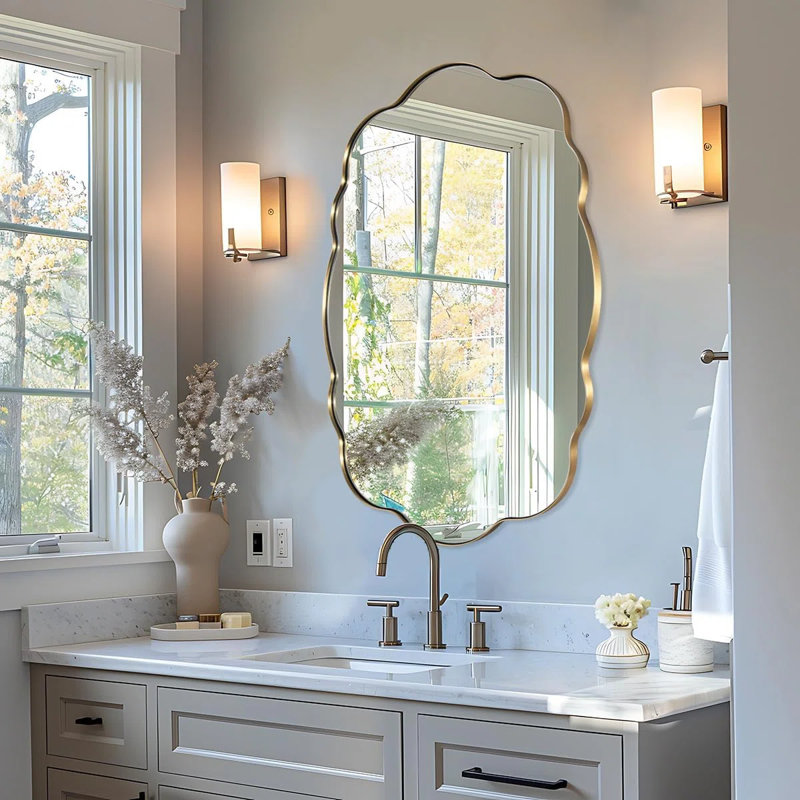 Contemporary Wavy Oval Scalloped Bathroom Vanity Mirror | Stainless Steel Frame, Brushed Gold, 40" x 30"