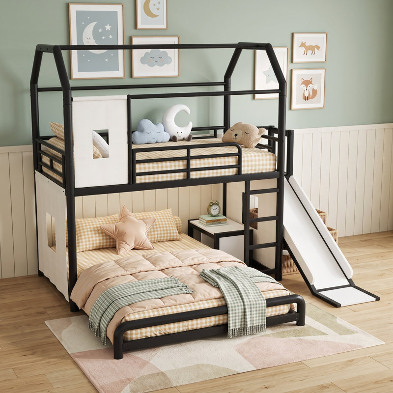 Lit superposé en métal avec glissière, lumière DEL et tablettes, Jumeaux sur complet, Noir