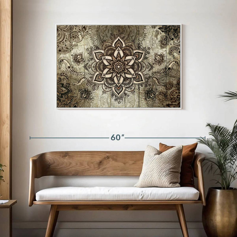 Mandala sur bois brun, Cadre flottant blanc, 43 po x 29 po