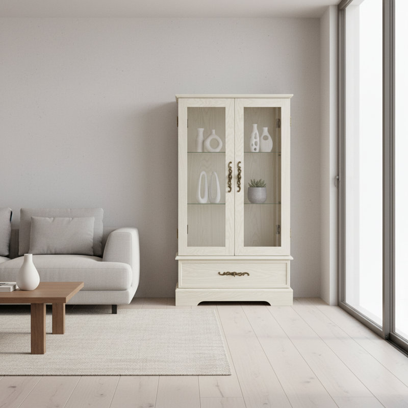 25,98 po Vitrine avec 1 tiroir et 2 portes vitrées, Blanc