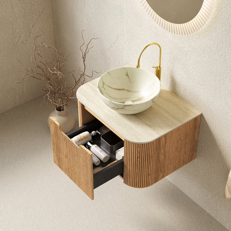 Meuble-lavabo suspendu de 61 cm (24 pouces) avec bords incurvés, rangement rayé et lavabo en pierre mate, préassemblé, 24"