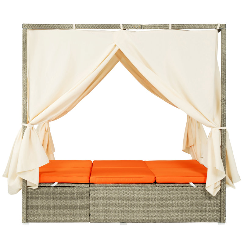 Adjustable Outdoor Sun Lounger With Canopy, Removable Cushion For Patio, Garden And Poolside, Orange