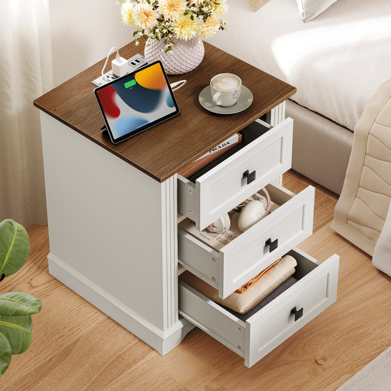 Farmhouse 17.7"W Nightstand 3-Drawer End Table with Charging Station, White/Walnut