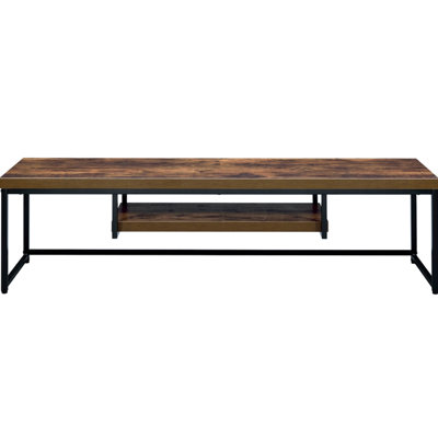 Meuble télé de style industriel avec structure en métal noir, plateau en chêne vieilli et 1 tablette pour écran plat de 60 pouces, largeur de 59 pouces, finition, plateau, hauteur d'écran de 16 pouces.