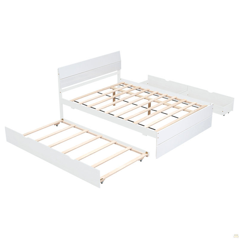 Cadre de lit double moderne avec lit gigogne simple et 2 tiroirs pour blanc brillant et blanc délavé