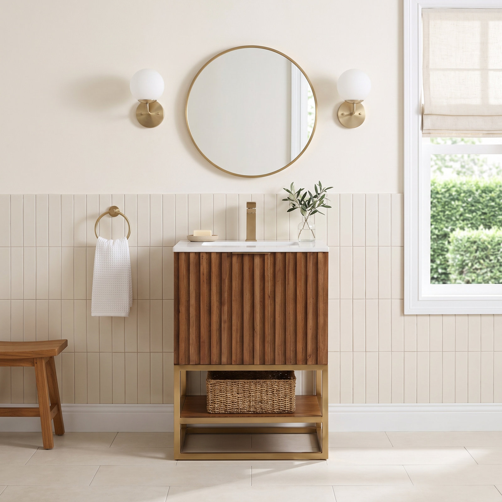 Terra 27" Carrara Marble Single Bathroom Vanity, White Quartz/Single Faucet Mount, Satin Brass