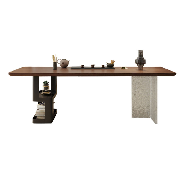 Tan+Black+Clear Rectangular Solid Wood+Iron+Acrylic desk, 29.53" H x 94.49" W x 35.43" D