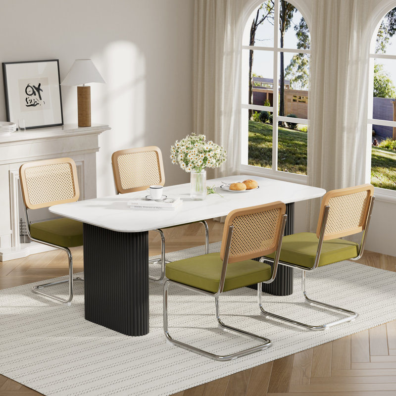 Elegant Marble MDF Dining Table Set, Olive Green, Black, 5 Pieces: Table, 4 Chairs