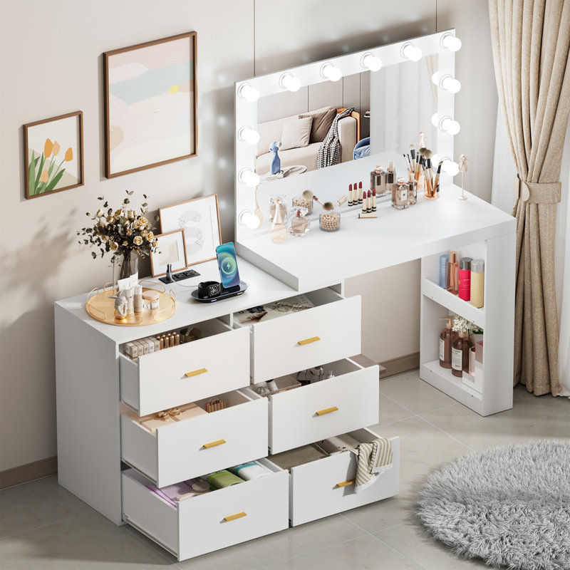 Makeup Vanity Desk with Mirror and 3-Colour Lights,6 Drawers Vanity Table with Charging Station, White