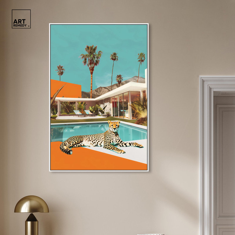 Art, art moderne, toile de tigre, guépard, H 46 po x l 31 po, Cadre flottant blanc
