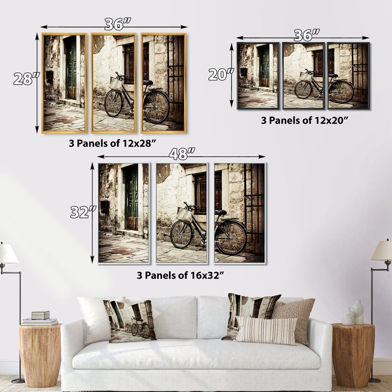 Vélo avec sac de magasinage - ensemble d'art mural sur toile encadré paysage de 3, H 28 po x l 36 po, Blanc