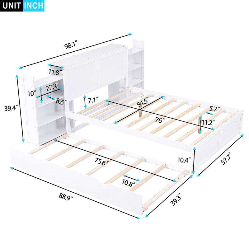Salix Storage Platform Bed With Pull Out Shelves And Trundle, Full, White