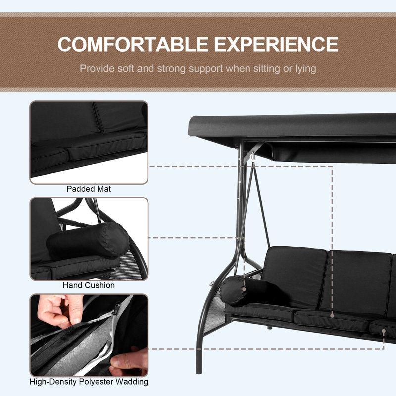 Black Steel 3-Person Outdoor Patio Swing with Adjustable Canopy