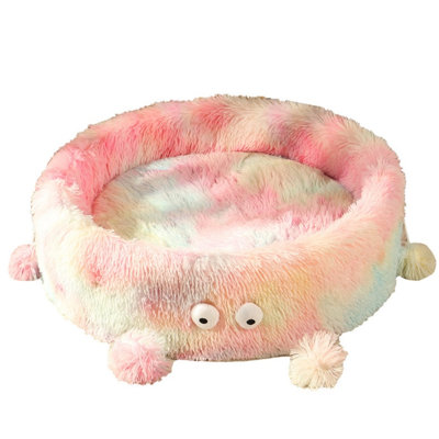 Cute Monster Round Long Shag Plush Pet Bed, Warm Calming Donut Cat Couch with Pom-pom Decor, All Season Soft Fluffy Pet Nest for Small Dogs Kittens
