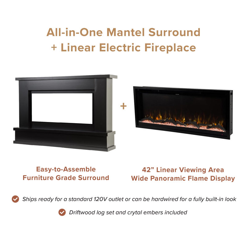 Modern Ember Patton 64" Mantel Package with 42" Electric Fireplace - Works w/ Alexa and Google Asst, Black