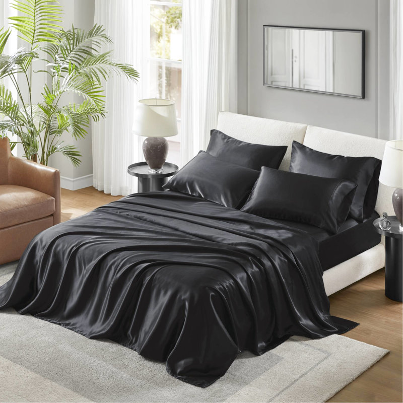 Drap-housse noir luxueux 100% satin, 7 plis