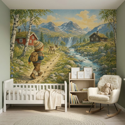Papier peint mural paysage de montagne, cascade, rivière et ruisseau