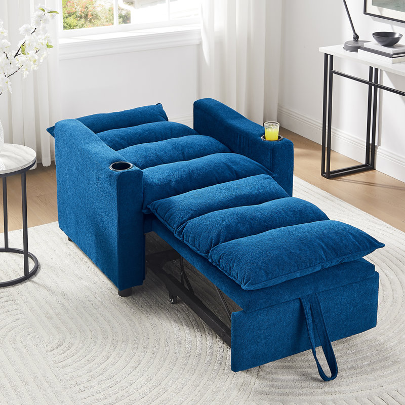 Adjustable Convertible Sleeper Chair Bed, Blue, With Velvet And Cup Holder For Small Apartment 31 Bed Blue Velvet, Frame, Home