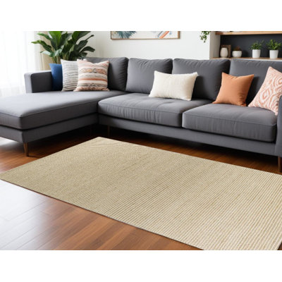 Tapis brun clair et ivoire en laine tissé à la main 7 pi x 10 pi