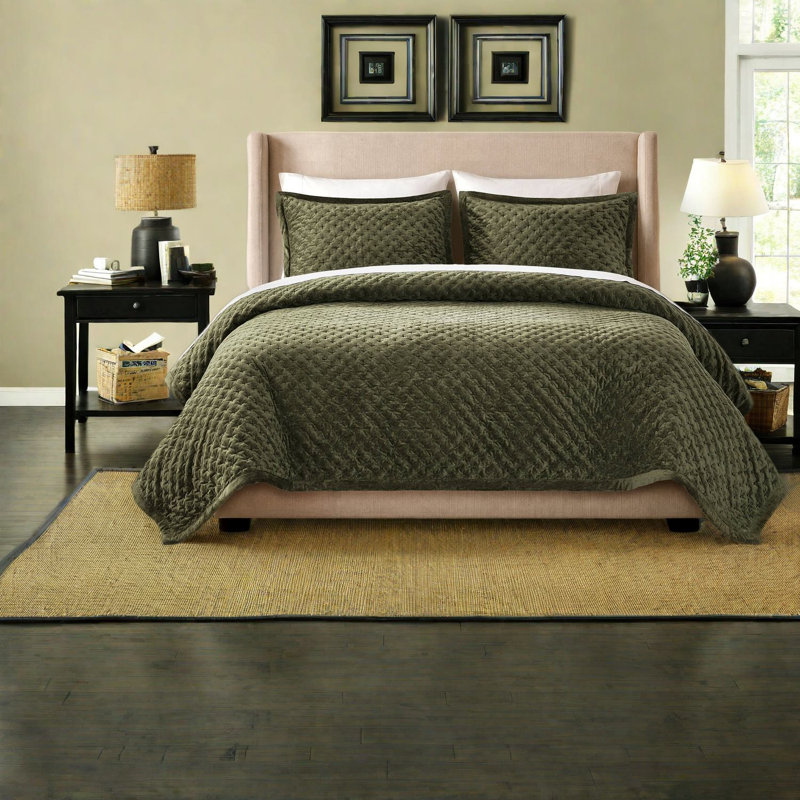 De literie en velours pour très grand lit, ensemble de couvre-lit matelassé vert pour la chambre à coucher
