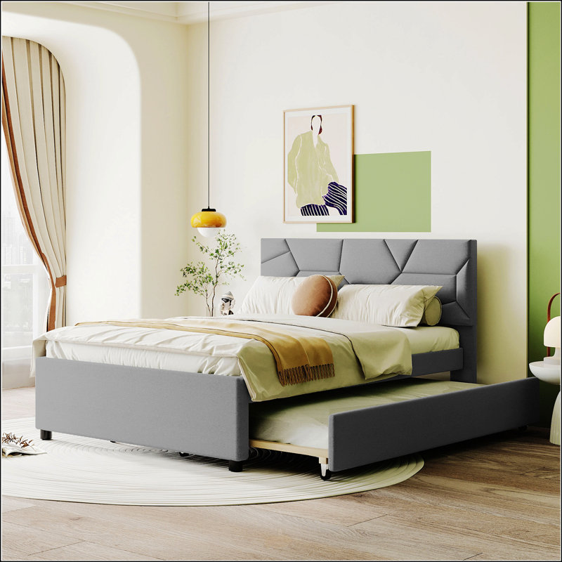 Lit plateforme double tapissier avec tête de lit à motif brique et gigogne simple, tissu en lin, gris