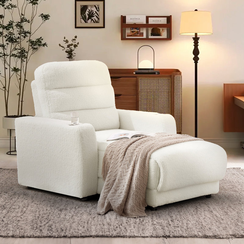 Upholstered Power Reclining Chaise Lounge with Cup Holder and Wireless Charging Function, White 100% Polyester