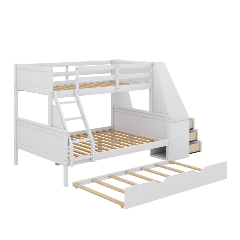 Lit superposé avec lit gigogne et bureau intégré, trois tiroirs de rangement et une tablette, White