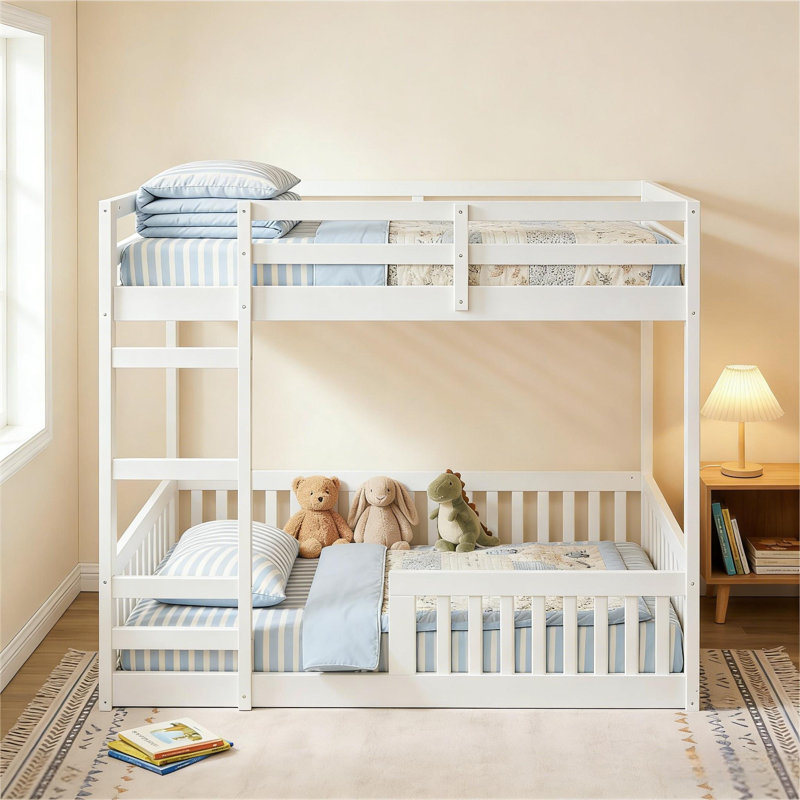 Lit superposé double en bois avec échelle et garde-corps, blanc, Blanc