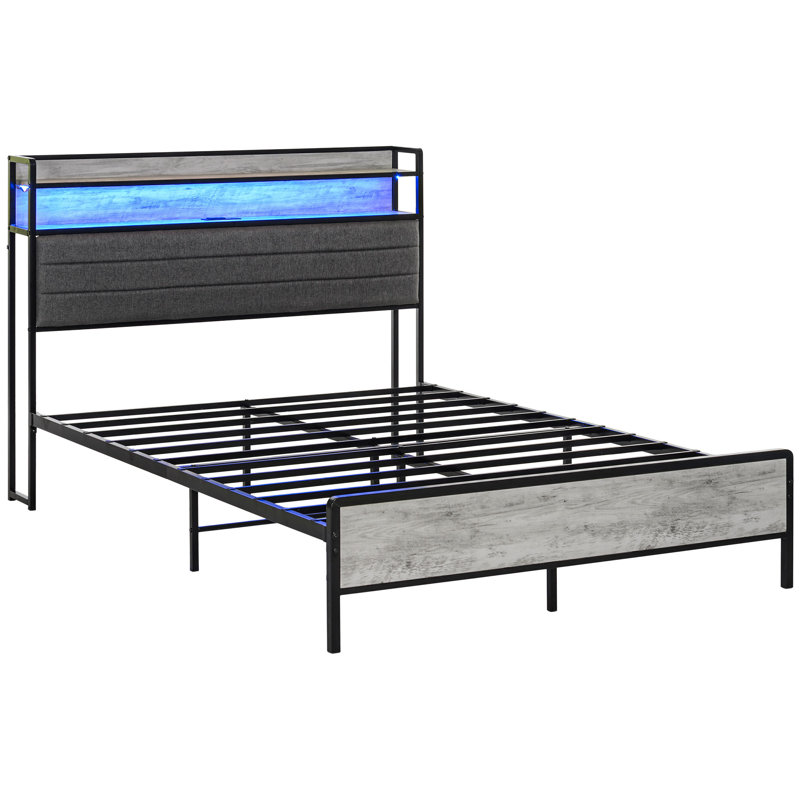 Base de lit pleine grandeur avec tête de rangement HOMcom, base de lit tapissier avec lumières DEL, station de charge, lattes en acier, assemblage silencieux et facile, pas de sommier tapissier, gris ciment