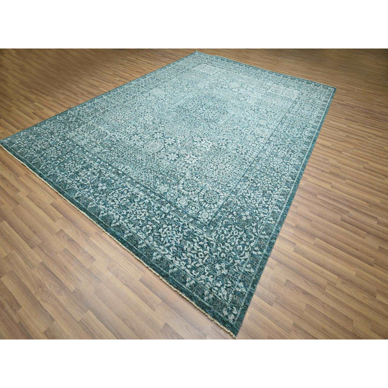 Tapis oriental bleu sarcelle en laine noué à la main 8 pi 11 po x 12 pi 1 po - MOA10276420