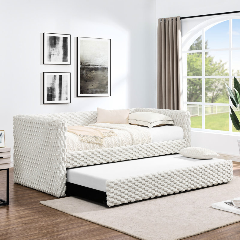 Lit de jour simple tapissier beige - Lit escamotable avec velours côtelé écossais, Beige