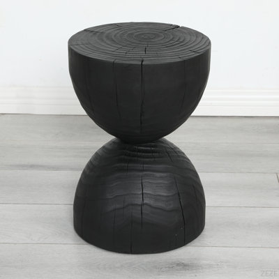 Solid Mango Wood Side End Table, 12.2*18.11 Inch Round Contemporary Wooden Accent Table, Small Round Plant Stand, Burnt Vintage Cracked End Table For The Living Room And Bedroom