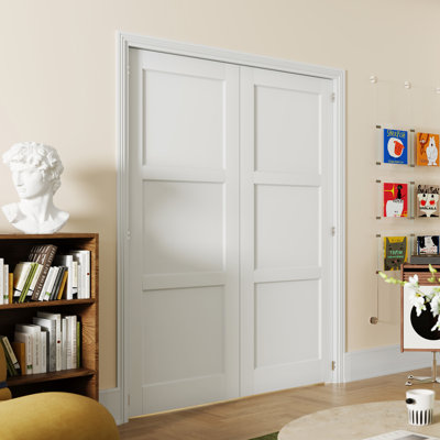 3 Panel Interior Double Door Set – MDF White Doors with Dual Door Frame and Pre-Mounted Hinges (Door & Frame Ship Separately)