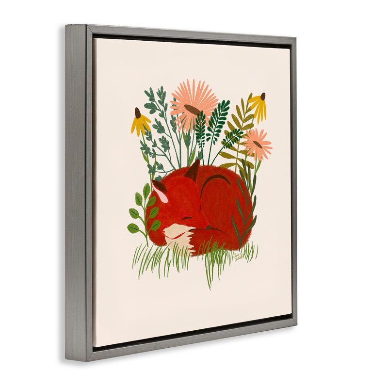  «Sleeping Fox parmi les marguerites» par Carrie Cantwell, H 25 po x l 25 po, Cadre flottant gris lustré