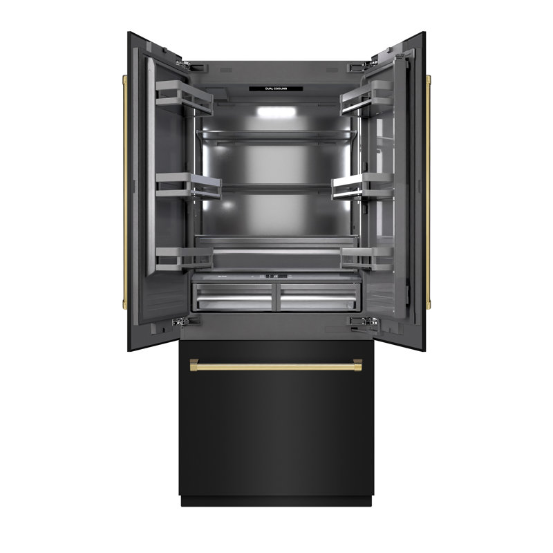 ZLINE Autograph Edition 36 in. 19.6 cu. ft. French Door Built-In Bottom Freezer Refrigerator with Water Dispenser and Ice Maker in Stainless Steel with Graphite Gray Interior and Accents