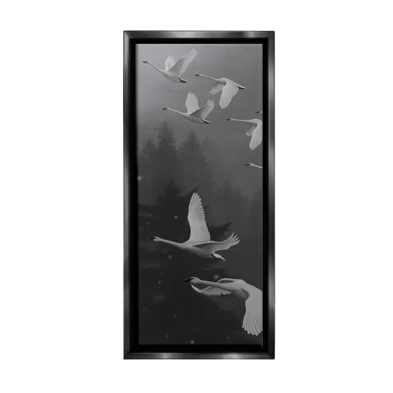 «Flying Swan Flock Floater Frame» par Nene Thomas sur toile, Cadre flottant noir de jais, H 31 po x l 14 po
