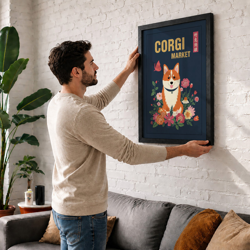 Corgi in Bloom Modern - Framed Print, A1 - 84.1 x 59.4 cm, White