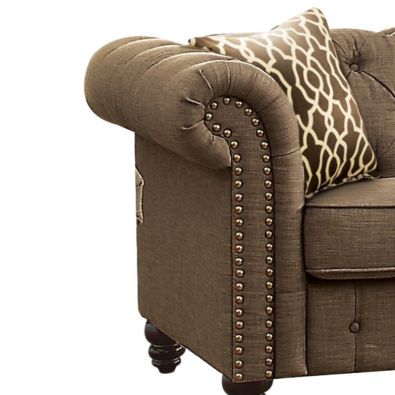 Carlson Chesterfield Loveseat with Accent Pillows, Brown Linen