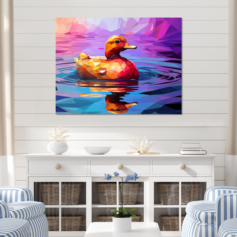 Canard jaune sur un lac mauve - art mural canard, Toile tendue, H 16 po x l 32 po x P 1 po