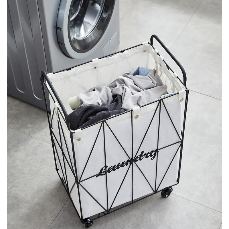 Collapsible Rolling Iron Wire Laundry Hamper, Black