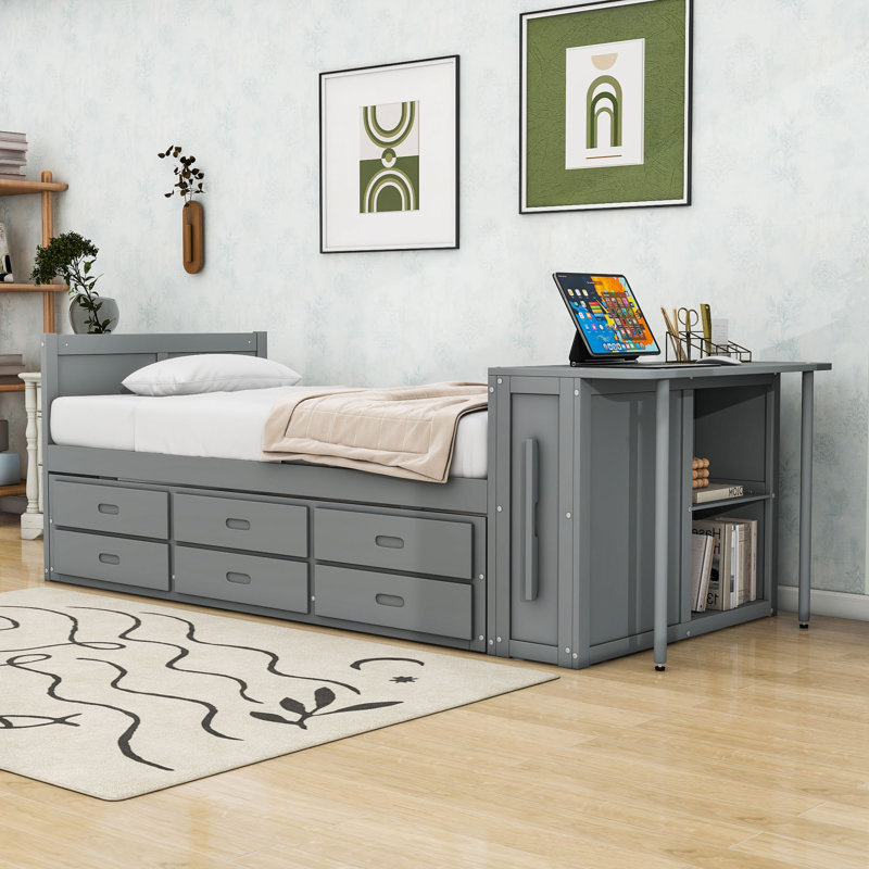 Merlin Twin Three Drawers Wood Platform Bed with Desk,Built-in Trundle and Storage Shelf, Gray