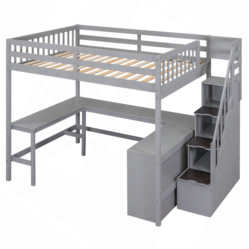 Lit mezzanine avec bureau intégré en forme de L et tablettes de rangement à trois niveaux, et escalier de rangement attaché
