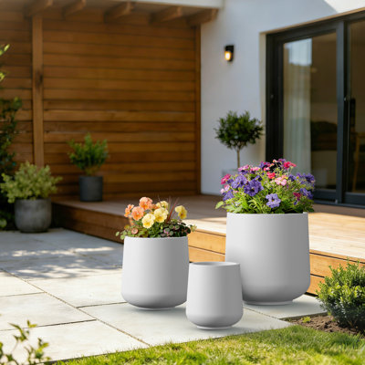 3-Piece Smooth Modern Concrete Planter Set, 8/11.5/15 Inch Bright White Sturdy Cement Pot for Patio & Garden Decor