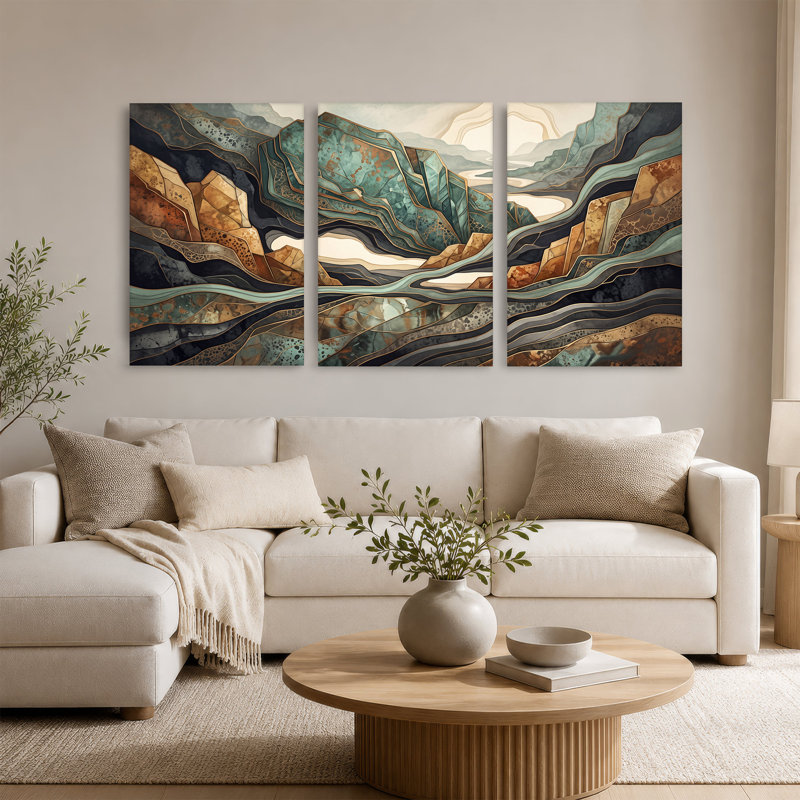 Ensemble de 3 toiles dorées bleu sarcelle et paysage de montagne brun, H 36 po x l 24 po x 3 pièces