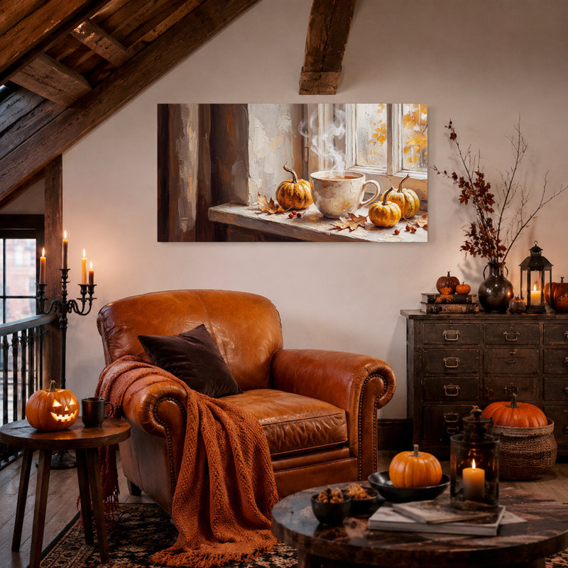 Toile murale d'Halloween représentant une tasse de café fumante et des citrouilles sur le rebord d'une fenêtre, 32“W x 16”H