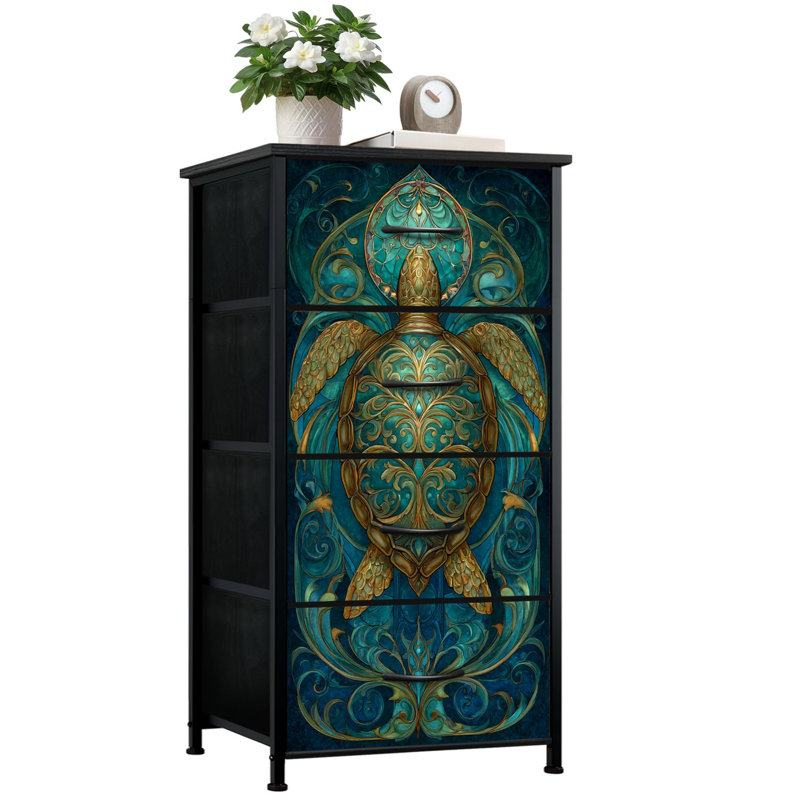 Commode style vitrail pour chambre à coucher avec 4 tiroirs de rangement Coastal Blue Sea Turtle