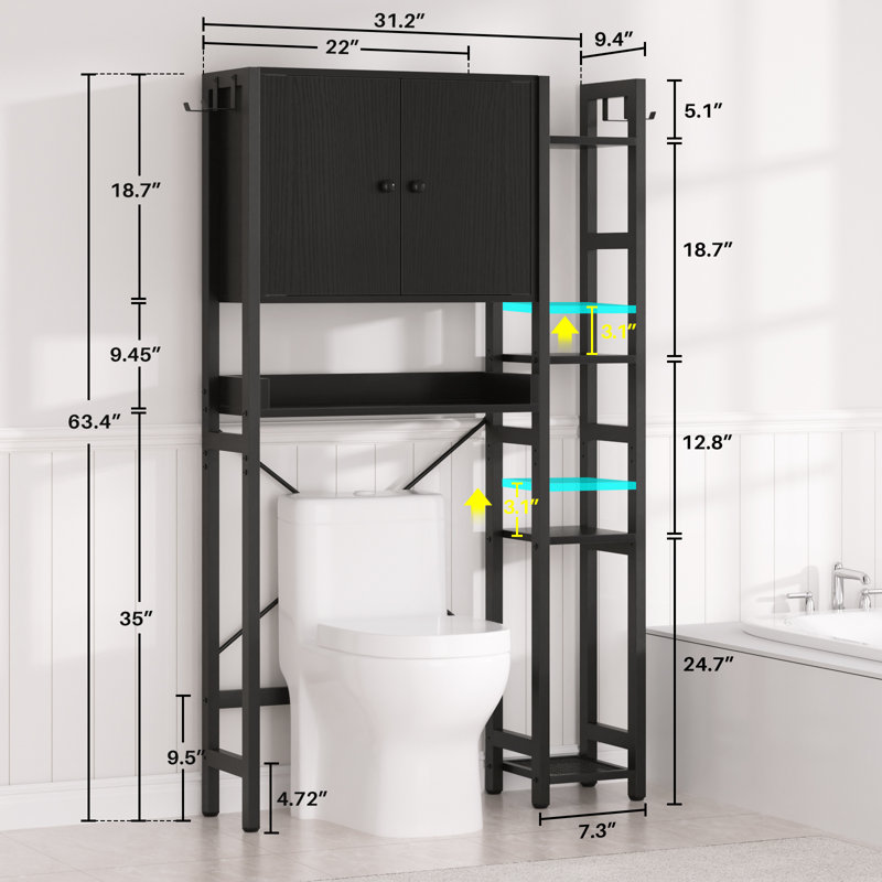 Armoire de rangement à 7 niveaux avec portes, organisateur de salle de bain avec tablette réglable, Noir