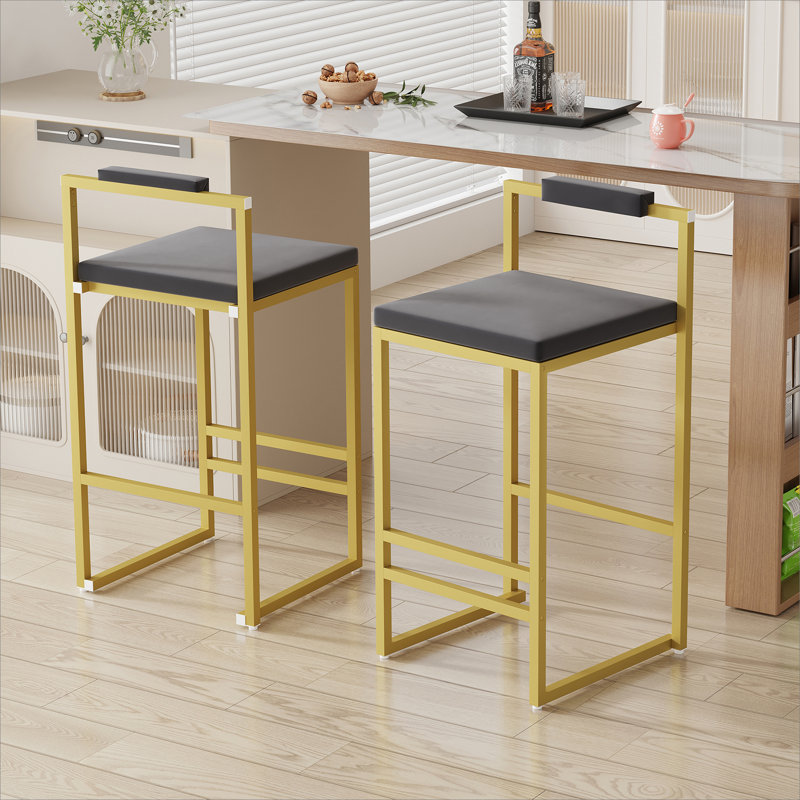 Set of 2 Bar Stools with Backrest & Footrest Counter Height Velvet Upholstered Dining Chairs for Kitchen Island (Gold & Gray)