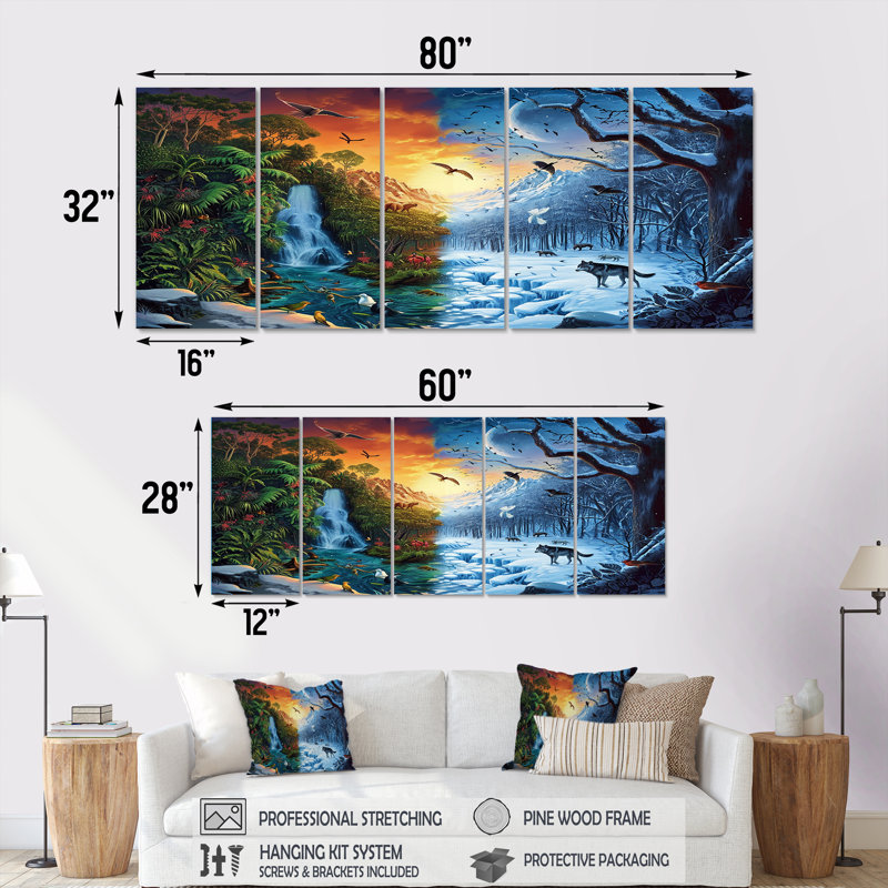 5 pièces, art mural pour la rivière Equinox Spring Waterfall Winter Snow - River, H 32 po x l 80 po