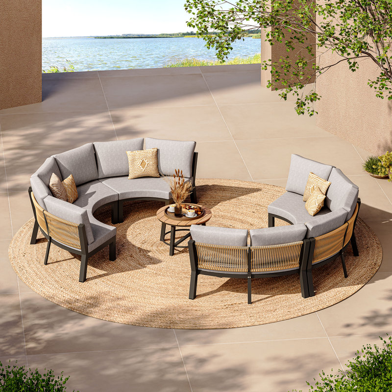 Ensemble de conversation d'extérieur 7 pièces, canapés modulaires courbés demi-lune en aluminium pour patio, Light Gray